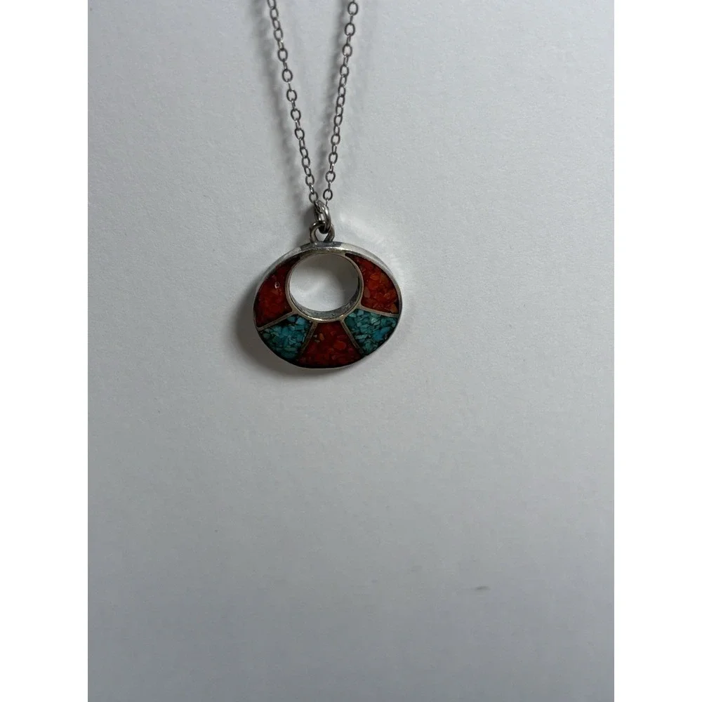 Vintage Sterling Silver Turquoise & Red Coral Chip Inlay Pendant Necklace